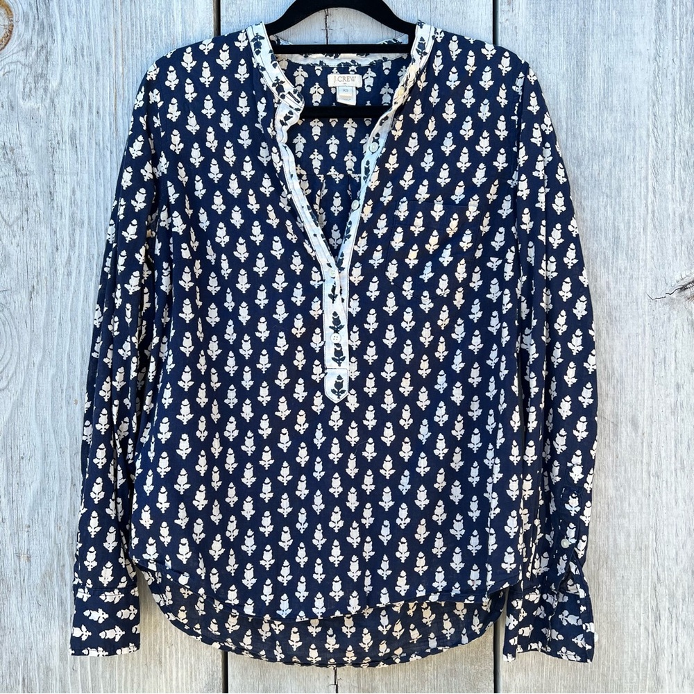 J. Crew navy white floral print 1/2 button up top 100% cotton long sleeve blouse